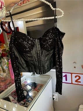 Papaya Black Sequin Corset Crop Top with Long Sleeves